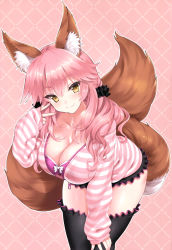 Rule 34 | 10s, 1girl, absurdres, animal ears, bent over, black scrunchie, black thighhighs, blush, breasts, cle masahiro, cleavage, collarbone, cowboy shot, fang, fang out, fate/extra, fate/extra ccc, fate (series), fox ears, fox tail, hair over shoulder, hand gesture, highres, large breasts, long hair, long sleeves, nail polish, official alternate costume, pink hair, pink nails, pink sweater, scan, scrunchie, sidelocks, sleeves past wrists, smile, solo, striped clothes, striped sweater, sweater, tail, tamamo (fate), tamamo no mae (fate/extra), tamamo no mae (spring casual) (fate), thighhighs, w, yellow eyes, zipper