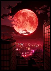 Rule 34 | absurdres, border, building, cityscape, cloud, full moon, highres, md5 mismatch, monochrome, moon, night, no humans, original, red moon, red sky, red theme, resolution mismatch, scenery, sky, source smaller, technoheart