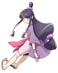 Rule 34 | 1girl, ace attorney, black hair, blunt bangs, brown eyes, commentary request, dated, full body, hair ornament, half updo, hanten (clothes), jacket, japanese clothes, kimono, long hair, long sleeves, looking at viewer, looking back, low-tied long hair, magatama, maya fey, obi, parted bangs, pink kimono, pink sash, purple jacket, sandals, sash, short kimono, sidelocks, simple background, smile, solo, standing, taba (tb gya), very long hair, white background, zouri