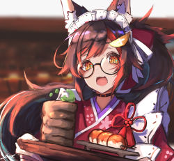 Rule 34 | 1girl, :3, :d, absurdres, animal ear fluff, animal ears, apron, black hair, cup, food, frilled apron, frills, glasses, grey hair, hair ornament, hairclip, highres, holding, holding tray, hololive, huge filesize, inre kemomimi, japanese clothes, kimono, long hair, looking at viewer, maid, maid headdress, mochi, multicolored hair, official alternate costume, ookami mio, ookami mio (new year), open mouth, ponytail, red hair, red kimono, round eyewear, smile, solo, streaked hair, swept bangs, teacup, tray, upper body, virtual youtuber, wa maid, wolf ears, yellow eyes