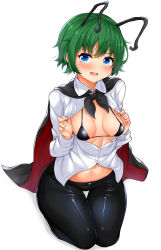 Rule 34 | 1girl, alternate eye color, antennae, bikini, bikini under clothes, black bikini, black cape, black pants, blush, breasts, cape, collared shirt, commentary request, daichi (tokoya), embarrassed, full body, green hair, highres, looking at viewer, open clothes, open mouth, open shirt, pants, red cape, seiza, shirt, short hair, simple background, sitting, small breasts, solo, swimsuit, touhou, two-sided cape, two-sided fabric, white background, white shirt, wriggle nightbug