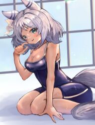Rule 34 | 1girl, alternate costume, animal ears, blue eyes, breasts, cleavage, collarbone, commentary request, competition swimsuit, hair ornament, highres, hishi miracle (umamusume), horse ears, horse girl, horse tail, looking at viewer, medium breasts, medium hair, one-piece swimsuit, open mouth, school swimsuit, seiza, sitting, solo, swimsuit, tail, tsetainsu, umamusume, wet, window