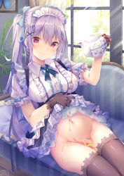 Rule 34 | 1girl, blush, breasts, clothes lift, commentary request, frills, gloves, groin, hair between eyes, hair ornament, highres, holding, kinokomushi, large breasts, long hair, looking at viewer, maid, maid headdress, navel, no panties, original, pouring, pouring onto self, purple eyes, purple hair, sidelocks, sitting, skirt, skirt lift, smile, solo, thighs, twintails, wakamezake, x hair ornament