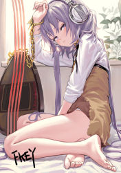 Rule 34 | 1girl, artist name, bare legs, barefoot, biwa lute, blush, chain, feet, fkey, flower, full body, gold chain, half-closed eyes, headphones, indoors, instrument, light purple hair, looking at viewer, lute (instrument), no pants, panties, purple eyes, short hair with long locks, signature, sitting, solo, toes, touhou, tsukumo benben, underwear, white flower, white panties