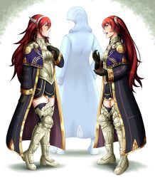 Rule 34 | 1other, 2girls, adricarra, alternate costume, armor, black thighhighs, caeldori (fire emblem), father and daughter, fire emblem, fire emblem awakening, fire emblem fates, grandfather and granddaughter, hand on own chest, headband, highres, long coat, long hair, matching outfits, mother and daughter, multiple girls, nintendo, no eyes, red hair, robin (fire emblem), robin (male) (fire emblem), selena (fire emblem fates), thighhighs, twintails, wings, zettai ryouiki