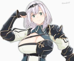 Rule 34 | 1girl, armor, black armor, black gloves, braid, breastplate, breasts, circlet, cleavage, cleavage cutout, clenched hand, closed mouth, clothing cutout, collar, fingerless gloves, flexing, gloves, green eyes, hololive, huge breasts, kichihachi, looking at viewer, medium hair, mole, mole on breast, shirogane noel, shirogane noel (1st costume), shoulder armor, smile, solo, twitter username, upper body, virtual youtuber, white background, white hair, wrist guards