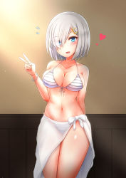 Rule 34 | 10s, 1girl, bikini, blue eyes, breasts, cowboy shot, e-kichi, eyes visible through hair, front-tie top, hair ornament, hair over one eye, hairclip, hamakaze (kancolle), heart, highres, kantai collection, large breasts, looking at viewer, navel, sarong, short hair, silver hair, solo, standing, striped bikini, striped clothes, swimsuit, v