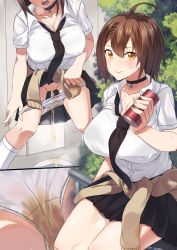 Rule 34 | 1girl, azur lane, baltimore (after-school ace) (azur lane), baltimore (azur lane), bathroom, black neckwear, black skirt, blush, breasts, breath, brown cardigan, brown hair, bush, can, cardigan, cardigan around waist, choker, cleavage, clothes around waist, collarbone, drink can, holding, large breasts, looking at viewer, minamimachi naname, multiple views, necktie, open mouth, panties, panty pull, peeing, puddle, pussy, shirt, short hair, short sleeves, sitting, skirt, smile, soda can, standing, steam, sweat, teeth, uncensored, underwear, wall, wet, wet clothes, wet panties, white panties, white shirt, yellow eyes
