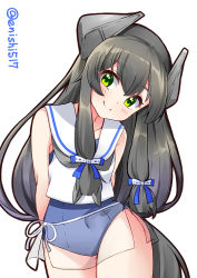Rule 34 | 1girl, :3, black hair, blouse, blue one-piece swimsuit, commentary request, cowboy shot, crop top, ennishi, green eyes, grey neckerchief, hair ribbon, headgear, i-47 (kancolle), kantai collection, leaning to the side, long hair, looking at viewer, low-tied long hair, neckerchief, one-hour drawing challenge, one-piece swimsuit, ribbon, sailor collar, sailor shirt, school swimsuit, see-through, see-through skirt, shirt, sidelocks, simple background, skirt, sleeveless, sleeveless shirt, smile, solo, swimsuit, tress ribbon, twitter username, white background, white sailor collar
