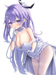 Rule 34 | 1girl, alternate breast size, azur lane, blush, breasts, cleavage, clothes lift, collarbone, dress, dress lift, flower, gloves, hair between eyes, hair flower, hair ornament, hand up, highres, large breasts, leaning forward, lifting own clothes, long hair, pantyhose, purple eyes, purple hair, satsuki yukimi, simple background, solo, thighband pantyhose, unicorn (azur lane), very long hair, white background, white dress, white flower, white gloves, white pantyhose, wing hair ornament