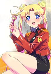 Rule 34 | 1girl, bishoujo senshi sailor moon, bishoujo senshi sailor moon (first season), black dress, blonde hair, blue eyes, cosplay, crescent wand, cross, cross necklace, double bun, dress, earrings, feet out of frame, female focus, hair bun, highres, himehachi (hime8manga), holding, holding wand, jacket, jewelry, katsuragi misato, katsuragi misato (cosplay), long hair, looking at viewer, necklace, neon genesis evangelion, open mouth, red jacket, signature, sitting, solo, thick thighs, thighs, tsukino usagi, twintails, voice actor connection, wand