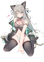 Rule 34 | 1girl, :3, :q, absurdres, ahoge, animal ears, arknights, bare arms, bare shoulders, between legs, black choker, black jacket, black thighhighs, blue eyes, blue nails, breasts, cat ears, choker, cleavage, closed mouth, collarbone, grey hair, groin, halterneck, heart, highres, infection monitor (arknights), jacket, lingerie, long hair, long sleeves, looking at viewer, medium breasts, mint (arknights), nail polish, naughty face, navel, no shoes, off shoulder, open clothes, open jacket, panties, sitting, skindentation, smile, solo, stomach, strap slip, thighhighs, thighs, tongue, tongue out, underwear, usagi poi, v-shaped eyebrows, wariza, white panties