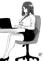 Rule 34 | 1girl, artist name, breasts, chair, character name, collared shirt, commission, computer, curvy, desk, dress shirt, from side, full body, glasses, greyscale, high heels, highres, id card, lanyard, laptop, large breasts, legs together, long hair, monochrome, norman maggot, office chair, office lady, original, pencil skirt, pumps, shirt, simple background, sitting, skirt, solo, swivel chair, white background, wing collar