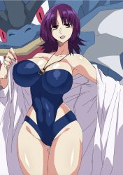 Rule 34 | 1girl, bare legs, blue one-piece swimsuit, breasts, creatures (company), curvy, dragon, fangs, game freak, gen 1 pokemon, girl and dragon, gyarados, izuna nie, lab coat, large breasts, long hair, looking at viewer, nintendo, one-piece swimsuit, philena ivy, pokemon, pokemon (anime), pokemon (classic anime), pokemon (creature), purple eyes, purple hair, shiny skin, smile, spiked hair, swimsuit, wide hips
