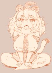 Rule 34 | 1girl, absurdres, animal ears, black hair, blonde hair, blush, breasts, crossed ankles, crossed legs, full body, fur collar, hair between eyes, hands on feet, highres, indian style, kemono friends, kemono friends 3, large breasts, lion (kemono friends), lion ears, lion tail, long hair, looking at viewer, masuyama ryou, multicolored hair, necktie, open mouth, shirt, short hair, short sleeves, sitting, skirt, smile, solo, tail, thighhighs