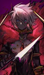 Rule 34 | 1boy, armor, bad id, bad pixiv id, bishounen, blue eyes, chest jewel, closed mouth, collar, dark-skinned male, dark skin, fate/grand order, fate (series), gem, hair between eyes, highres, holding, holding weapon, karna (fate), kibadori rue, looking at viewer, male focus, solo, spiked collar, spikes, upper body, vambraces, weapon, white hair