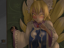 Rule 34 | 2girls, animal ears, blonde hair, blush, breasts, brown hair, cat ears, chen, commentary request, dress, finger to mouth, fox ears, fox tail, futon, kuranosuke, large breasts, long sleeves, looking at viewer, lying, multiple girls, multiple tails, night, no headwear, on side, open clothes, open dress, pillow, shushing, sleeping, tabard, tail, touhou, white dress, wide sleeves, yakumo ran, yellow eyes