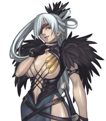 Rule 34 | 00s, 1girl, ar tonelico, ar tonelico i, arm strap, ayano raizer elduke, belt, belt skirt, black eyes, black gloves, blue eyes, breasts, breasts apart, buckle, cleavage, cleavage cutout, clothing cutout, cowboy shot, cross-laced clothes, dress, eyepatch, feather hair ornament, feathers, female focus, fingerless gloves, gloves, grey eyes, grey hair, gust, hair ornament, hair over one eye, hair over shoulder, hair rings, half updo, hand up, hip focus, large breasts, light smile, lipstick, long hair, looking at viewer, makeup, multiple belts, nagi ryou, navel, navel cutout, official art, parted bangs, revealing clothes, shiny skin, side slit, sideboob, simple background, smile, solo, standing, straight hair, sword, turtleneck, underboob, very long hair, weapon, white background