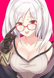 Rule 34 | 1girl, :p, bare shoulders, bespectacled, black gloves, braid, breasts, cape, cleavage, collarbone, dark persona, fire emblem, fire emblem awakening, fire emblem heroes, french braid, glasses, gloves, grima (fire emblem), highres, hood, large breasts, long hair, long sleeves, looking at viewer, nintendo, open clothes, pink background, red-framed eyewear, red eyes, robe, robin (female) (fire emblem), robin (fire emblem), shiyo yoyoyo, simple background, smile, solo, strap slip, tongue, tongue out, twintails, upper body, white hair