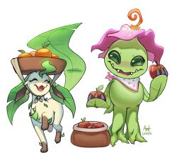 Rule 34 | absurdres, apple, artist name, closed eyes, creatures (company), crossover, digimon, digimon (creature), flower, food, fruit, full body, game freak, gen 4 pokemon, highres, holding, holding food, holding fruit, leafeon, lushiesart, nintendo, no humans, open mouth, orange (fruit), palmon, petals, pokemon, sharp teeth, simple background, teeth, transparent background, watermark