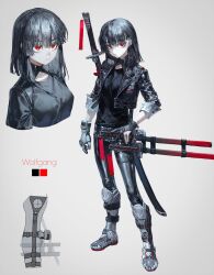 Rule 34 | 1girl, absurdres, asymmetrical gloves, black hair, boots, character sheet, cropped jacket, full body, gloves, grey background, harness, highres, jacket, leather, leather jacket, leather pants, looking at viewer, medium hair, original, pants, quasarcake, red eyes, sheath, sheathed, slit pupils, solo, standing, sword, weapon, weapon on back