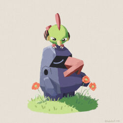 black_eyes check_flower closed_eyes creatures_(company) flower flower_request full_body game_freak gen_2_pokemon gen_3_pokemon grass grey_background highres leaf_(pixiv17652941) looking_down natu nintendo nosepass orange_flower outdoors peony_(flower) perching pokemon pokemon_(creature) twitter_username