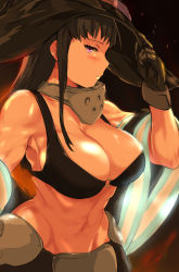 Rule 34 | 1girl, bare shoulders, bikini, bikini top only, black bikini, black hair, black hat, breasts, cafekun, cleavage, commentary request, dark background, en&#039;en no shouboutai, from side, hat, holding, holding clothes, holding hat, large breasts, looking at viewer, looking to the side, maki oze, midriff, muscular, muscular female, o-ring, o-ring top, purple eyes, solo, standing, stomach, swimsuit, uniform, upper body