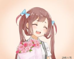 Rule 34 | 10s, 1girl, asagumo (kancolle), blush, bouquet, bow, brown hair, dated, flower, gradient background, grey eyes, hair bow, hair rings, head tilt, kantai collection, nuno (pppompon), open mouth, school uniform, shirt, short sleeves, simple background, skirt, solo, suspender skirt, suspenders, white shirt