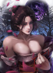 Rule 34 | 1girl, absurdres, bare shoulders, black hair, branch, breasts, cleavage, closed mouth, collarbone, emma the gentle blade, grey eyes, hair bun, highres, holding, japanese clothes, kimono, large breasts, mikakuwa, petals, sekiro: shadows die twice, short hair, single hair bun, solo, tree