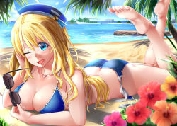 Rule 34 | 1girl, absurdres, ass, atago (kancolle), ayakase hotaru, barefoot, beach, beret, bikini, blonde hair, blue bikini, blue eyes, blue hat, blue sky, boat, breasts, building, butt crack, collarbone, day, flower, hat, heart, heart necklace, highres, holding, holding removed eyewear, jewelry, kantai collection, large breasts, legs up, long hair, looking at viewer, lying, necklace, ocean, on stomach, one eye closed, open mouth, outdoors, palm tree, purple flower, red flower, sand, shore, side-tie bikini bottom, sky, smile, solo, sunglasses, swimsuit, the pose, tree, untied bikini, unworn eyewear, watercraft, yellow flower