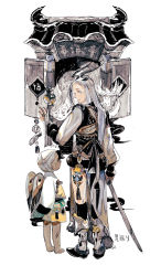 Rule 34 | architecture, dark skin, east asian architecture, fantasy, grey eyes, hand up, holding, holding sword, holding weapon, horns, jewelry, long hair, looking at another, looking at viewer, looking back, original, ponytail, ring, sleeves past fingers, sleeves past wrists, standing, sword, tail, tassel, very long hair, weapon, white background, white hair, wings, wooden sword, zzinp