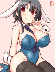 Rule 34 | 1girl, alternate costume, animal ears, artist logo, between breasts, black hair, black thighhighs, blue leotard, blue necktie, bow, bowtie, breasts, covered navel, detached collar, fake animal ears, fake tail, gradient background, high heels, highleg, highleg leotard, kanon (kurogane knights), kantai collection, large breasts, leotard, looking at viewer, necktie, one-hour drawing challenge, pink background, playboy bunny, rabbit ears, red eyes, sitting, smile, strapless, strapless leotard, tail, takao (kancolle), thighhighs, traditional bowtie, wariza, wrist cuffs