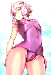Rule 34 | 1girl, at2., blush, covered navel, crotch zipper, from below, gradient background, groin, hair ornament, highres, one-piece swimsuit, pink hair, purple eyes, purple one-piece swimsuit, school swimsuit, short hair with long locks, sidelocks, solo, swimsuit, vocaloid, voiceroid, wet, yuzuki yukari, zipper
