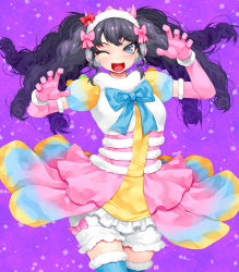 Rule 34 | &gt;;d, 1girl, ;d, black eyes, black hair, bloomers, blue bow, blue thighhighs, blush, bow, claw pose, cowboy shot, fangs, floating hair, fur trim, gaaruru (pripara), gloves, happa (cloverppd), headphones, highres, horn bow, horn ornament, horns, long hair, looking at viewer, multicolored clothes, multicolored skirt, musical note, musical note print, one eye closed, open mouth, pink bow, pink gloves, pretty series, pripara, puffy short sleeves, puffy sleeves, purple background, red bow, short sleeves, skirt, smile, solo, thighhighs, treble clef, underwear, v-shaped eyebrows