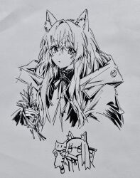 Rule 34 | 1girl, :o, absurdres, animal, animal ear fluff, animal ears, arknights, ashi (dongshi389), cat, cat ears, chibi, commentary request, dress, grey background, greyscale, hair between eyes, highres, holding, holding animal, hood, hood down, hooded jacket, jacket, jitome, long hair, looking at viewer, monochrome, multiple views, neck ribbon, open clothes, open jacket, parted lips, photo (medium), ribbon, rosmontis (arknights), simple background, traditional media