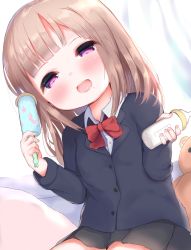 Rule 34 | 1girl, :d, baby bottle, bad id, bad pixiv id, black jacket, black skirt, blazer, blush, bottle, bow, bowtie, brown hair, collared shirt, dress shirt, half-closed eyes, highres, holding, jacket, long hair, long sleeves, looking at viewer, mole, mole under eye, open mouth, original, pleated skirt, purple eyes, rattle, red bow, red bowtie, school uniform, shirt, skirt, smile, solo, stuffed animal, stuffed toy, teddy bear, teeth, upper teeth only, white shirt, yinpa (wanone500511)