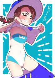 Rule 34 | 1girl, armpits, asymmetrical hair, blue background, blue hat, blue necktie, blue one-piece swimsuit, blue shorts, blush, border, braid, breasts, brown eyes, brown hair, clothes lift, clothes pull, collarbone, covered navel, cowboy shot, creatures (company), drawstring, emphasis lines, female focus, fumirumochigashin, game freak, grin, hair ornament, hairclip, hands up, happy, hat, highres, japanese text, juliana (pokemon), lifting own clothes, looking at viewer, matching hair/eyes, necktie, nintendo, one-piece swimsuit, outline, outside border, pocket, pokemon, pokemon sv, quaxly, shirt, shirt lift, short sleeves, shorts, shorts pull, side braid, simple background, single braid, small breasts, smile, solo, standing, strapless, strapless one-piece swimsuit, sun hat, swept bangs, swimsuit, swimsuit under clothes, talking, teeth, translation request, v-shaped eyebrows, white border, white outline, white shirt