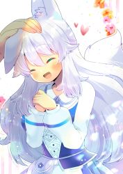Rule 34 | 1girl, :d, ^ ^, animal ears, blue skirt, blush, closed eyes, fang, floral background, hair between eyes, hands up, happy, headpat, heart, indie virtual youtuber, kou hiyoyo, long hair, long sleeves, lumi (merryweather), open mouth, out of frame, own hands together, pleated skirt, puffy long sleeves, puffy sleeves, shirt, silver hair, skirt, smile, solo focus, tail, tail raised, very long hair, virtual youtuber, white background, white shirt, wolf ears, wolf girl, wolf tail
