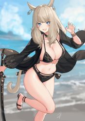 Rule 34 | 1girl, animal ears, aqua nails, bikini, black bikini, black footwear, blue eyes, bracelet, breasts, cleavage, commentary request, facial mark, fang, final fantasy, final fantasy xiv, grey hair, hand up, hayabusa, highres, holding, holding sword, holding weapon, jewelry, large breasts, long sleeves, looking at viewer, medium hair, nail polish, navel, outdoors, parted lips, skin fang, slit pupils, smile, solo, swimsuit, sword, tail, thighs, warrior of light (ff14), weapon