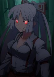 Rule 34 | &gt;:(, 1girl, arm garter, bamboo, bamboo forest, blunt bangs, bow, collarbone, dark, dress shirt, female focus, forest, frown, fujiwara no mokou, glowing, glowing eyes, hair bow, hime cut, kaiza (rider000), long hair, looking at viewer, nature, night, outdoors, ponytail, red eyes, rider000, shirt, solo, straight hair, suspenders, touhou, upper body, v-shaped eyebrows, very long hair, white hair