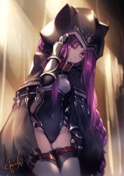 Rule 34 | 1girl, armor, backlighting, bracer, breastplate, breasts, cloak, collar, covered navel, fate/grand order, fate (series), genyaky, hand in own hair, highres, hip vent, hood, hooded cloak, long hair, looking at viewer, medusa (fate), medusa (lancer) (fate), medusa (rider) (fate), open mouth, purple eyes, purple hair, rider, small breasts, solo, thigh strap, thighhighs, thighs