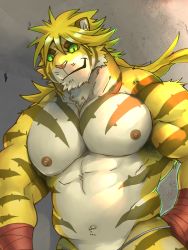 Rule 34 | 1boy, animal ears, bandages, bandaged hand, bandages, bara, belly, bikini briefs, black eyes, blonde hair, colored sclera, fuga9, furry, furry male, green sclera, large pectorals, looking at viewer, macan (housamo), male focus, male underwear, muscular, muscular male, navel, nipples, pectorals, short hair, smile, solo, stomach, thick eyebrows, tiger boy, tiger ears, tokyo houkago summoners, underwear, underwear only, upper body, white male underwear, yellow fur