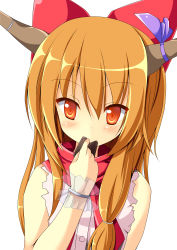Rule 34 | 1girl, absurdres, blush, bow, chocolate, closed mouth, commentary request, cookie (touhou), cuffs, eating, hair between eyes, hair bow, highres, horns, ibuki suika, long hair, looking at viewer, orange eyes, orange hair, red bow, red scarf, scarf, shirt, simple background, sleeveless, sleeveless shirt, solo, szk, touhou, upper body, white background, white shirt, yamin (cookie)