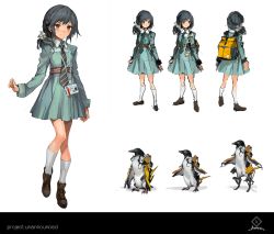 Rule 34 | 1girl, animal, anklet, backpack, bag, bird, black hair, brown eyes, character sheet, collared shirt, concept art, dress, full body, id card, image sample, jewelry, lm7 (op-center), multiple views, name tag, necktie, original, penguin, ponytail, power suit, shirt, shoelaces, simple background, smile, socks, walking, white background, white legwear