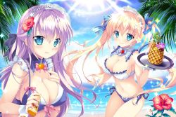 Rule 34 | 2girls, bare shoulders, beach, bikini, blonde hair, blue eyes, blush, breasts, cleavage, commentary request, day, drink, drinking straw, flower, food, frills, fruit, fruit cup, hair flower, hair ornament, holding, large breasts, looking at viewer, lotion, lotion bottle, maid headdress, mikeou, multiple girls, navel, ocean, outdoors, palm tree, pineapple, purple hair, side-tie bikini bottom, sky, smile, sunlight, swimsuit, tray, tree, twintails, wrist cuffs