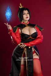 Rule 34 | 1girl, absurdres, arm up, avatar: the last airbender, avatar legends, azula, black hair, blue fire, breasts, cleavage, cosplay, fire, highres, large breasts, looking back, panties, photo (medium), plump, real life, red background, red panties, simple background, skindentation, standing, tagme, thick thighs, thighhighs, thighs, topknot, underwear, uyuy2907