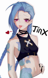 Rule 34 | 1girl, absurdres, arcane: league of legends, braid, crop top, flat chest, highres, jinx (league of legends), league of legends, long hair, pale skin, purple eyes, tattoo, twin braids, twintails, very long hair