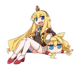Rule 34 | &gt;:d, 2girls, :d, azur lane, blonde hair, blue eyes, chibi, commentary request, crown, detached collar, detached sleeves, fangs, flat chest, full body, gloves, hair between eyes, hairband, head tilt, high heels, jitome, long hair, looking at viewer, lying, mini crown, multiple girls, nanatsume, on stomach, open mouth, queen elizabeth (azur lane), red footwear, revision, simple background, sitting, smile, thighhighs, triangle mouth, v-shaped eyebrows, very long hair, warspite (azur lane), white background, white gloves, white legwear