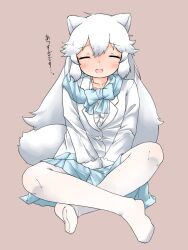 Rule 34 | 1girl, animal ears, arctic fox (kemono friends), blue bow, blue bowtie, blue skirt, blush, bow, bowtie, closed eyes, coat, collared shirt, crossed legs, fox ears, fox girl, fox tail, fur trim, hair between eyes, hands on lap, highres, kemono friends, long hair, long sleeves, loose bowtie, no shoes, pantyhose, pleated skirt, shirt, sidelocks, sitting, skirt, solo, sweatdrop, tail, translation request, uf34a, white coat, white fur, white hair, white pantyhose, white shirt