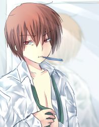 Rule 34 | 1boy, brown hair, dress shirt, little busters!, mouth hold, nashihako, natsume kyousuke, necktie, open clothes, open shirt, red eyes, shirt, short hair, toothbrush